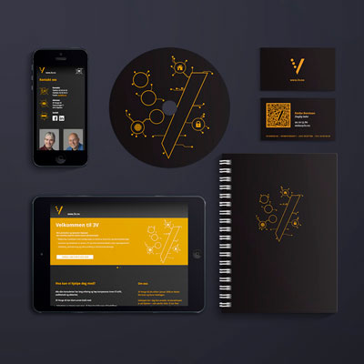 Bildet viser 3Vs logo og profil applisert på ulike medier.